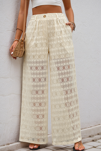 Beige Casual Elastic High Waist See Through Wide Leg Pants