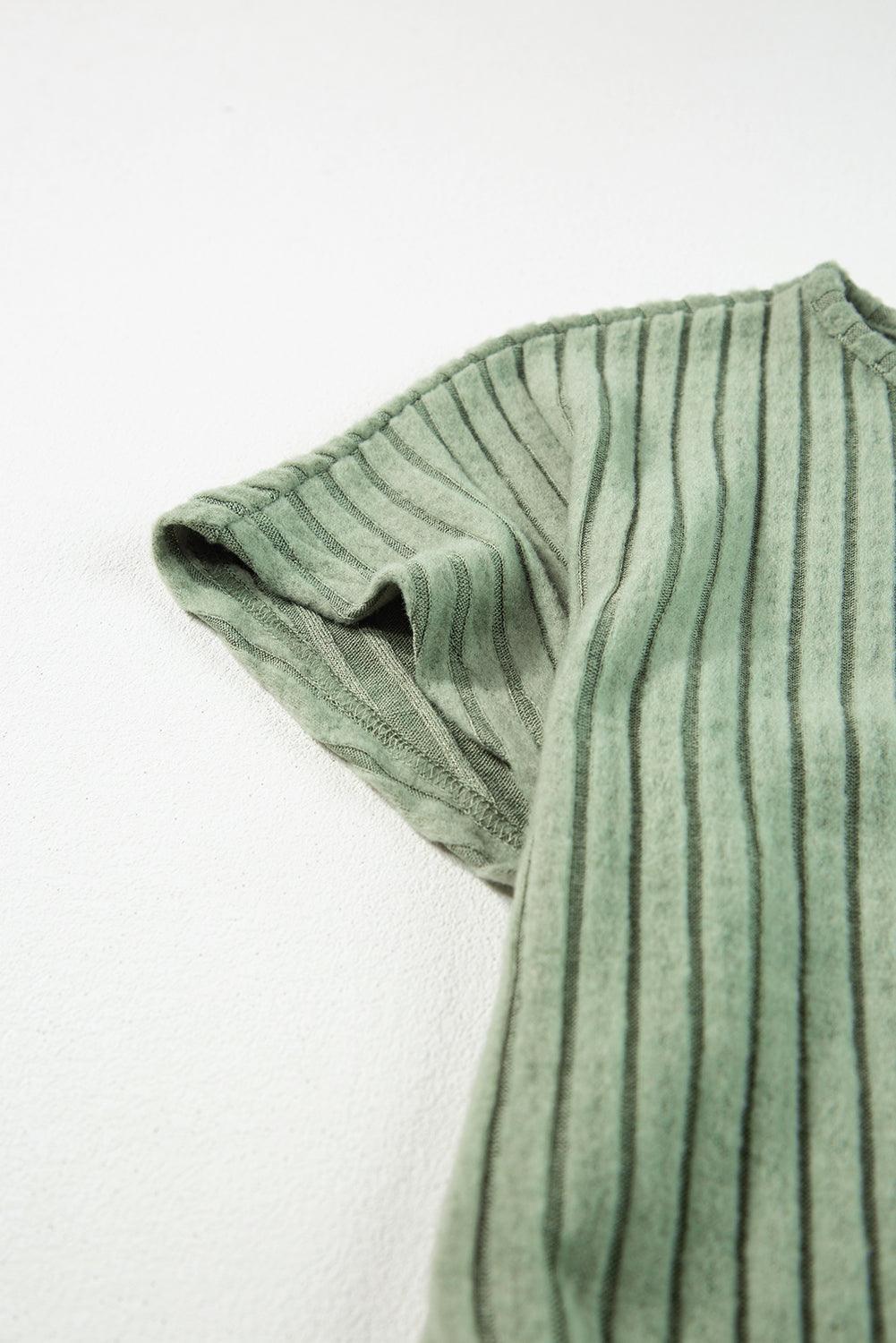 Grass Green Solid Color Ribbed Short Sleeve Wide Leg Jumpsuit - The Fair Lady Shop