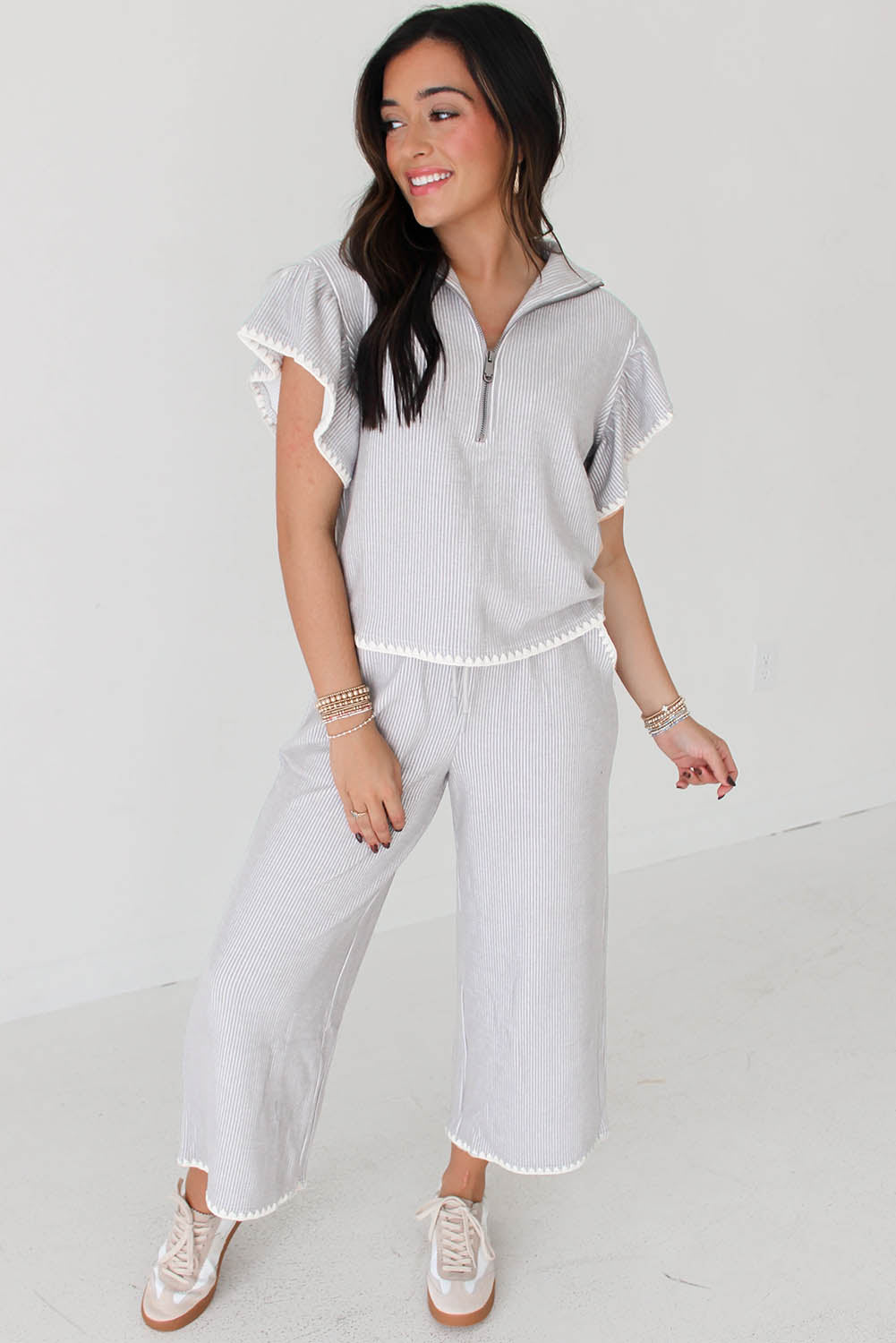 Gray Stripe Short Sleeve Collar Top And Shift Pants Set - The Fair Lady Shop