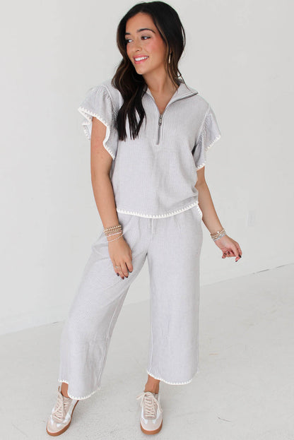 Gray Stripe Short Sleeve Collar Top And Shift Pants Set - The Fair Lady Shop