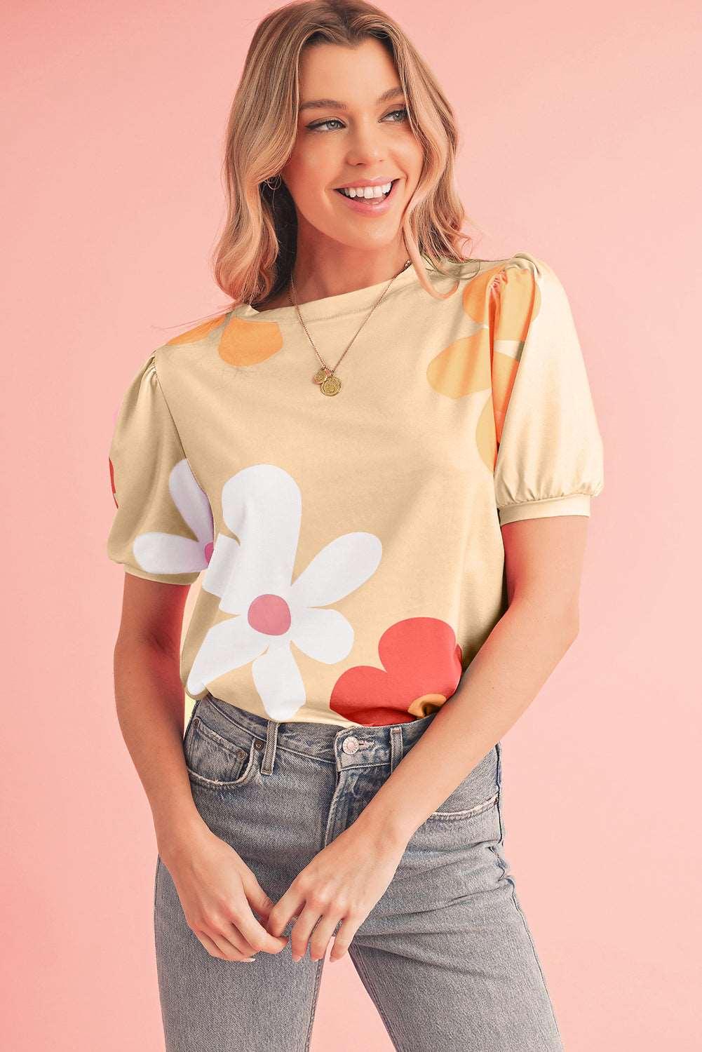 Apricot Colorful Flower Print Bubble Sleeve Tee - The Fair Lady Shop