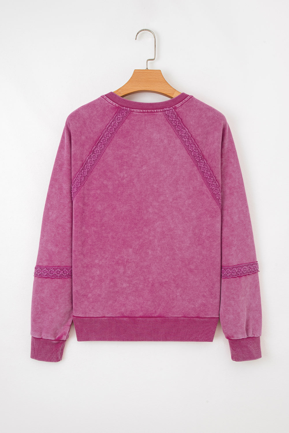 Rose Red Lace Applique Notched Neck Mineral Wash Baggy Sweatshirt