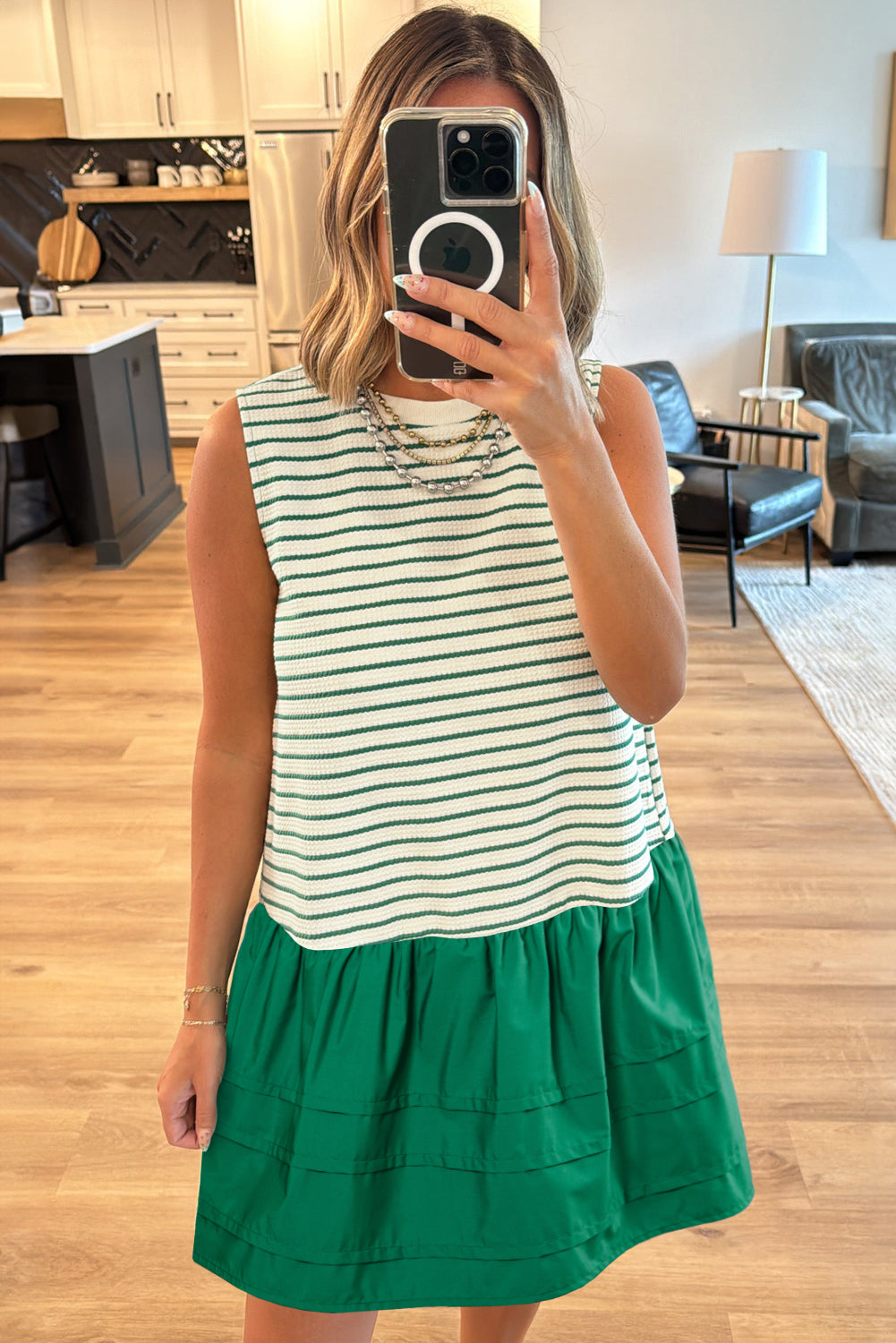 Green Stripe Woven Ruffled Sleeveless Mini Dress - The Fair Lady Shop