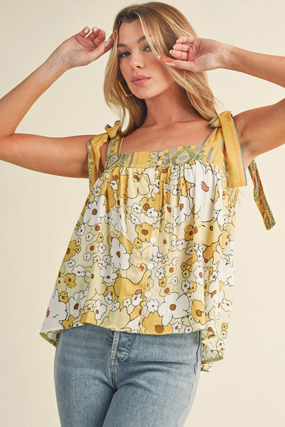 Yellow Floral Patchwork Boho Knot Straps Top - The Fair Lady Shop