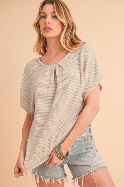 Oatmeal Guipure Lace Splicing Back Waffle Textured T-shirt - The Fair Lady Shop