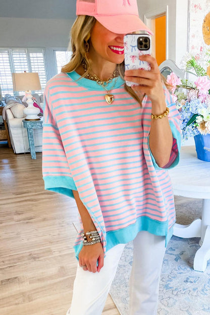 Pink Stripe Colorblock Drop Sleeve Oversized T Shirt - The Fair Lady Shop