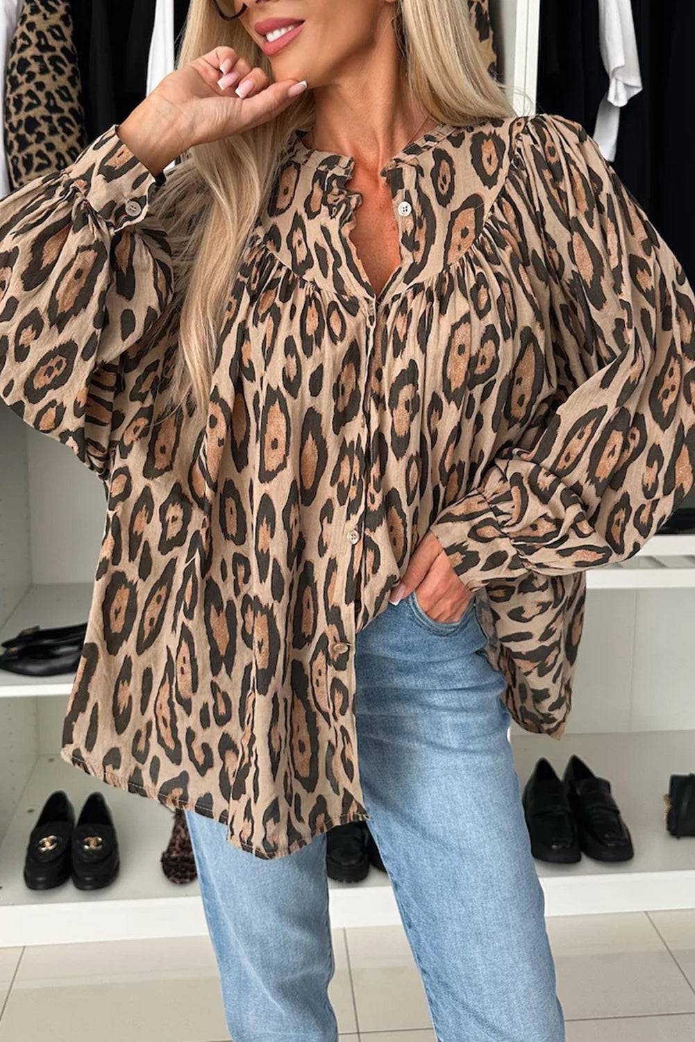 Light French Beige Leopard Print Balloon Sleeve Loose Blouse - The Fair Lady Shop