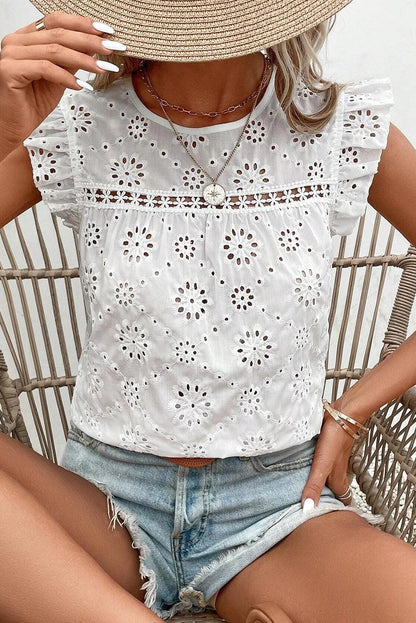 White Eyelet Embroidered Ruffle Shoulder Sleeveless Blouse - The Fair Lady Shop