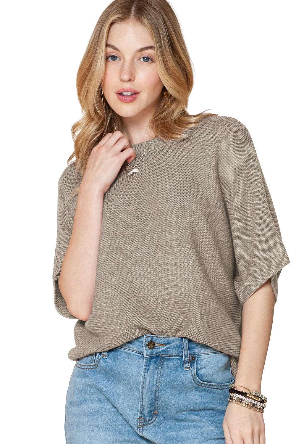 Apricot Mock Neck Short Batwing Sleeve Sweater - The Fair Lady Shop