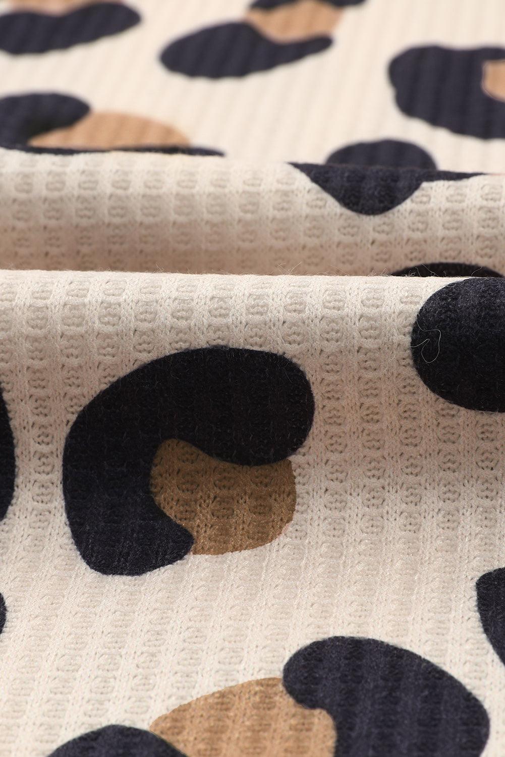 Brown Leopard Print Color Block Waffle Knit V Neck Long Sleeve Top - The Fair Lady Shop
