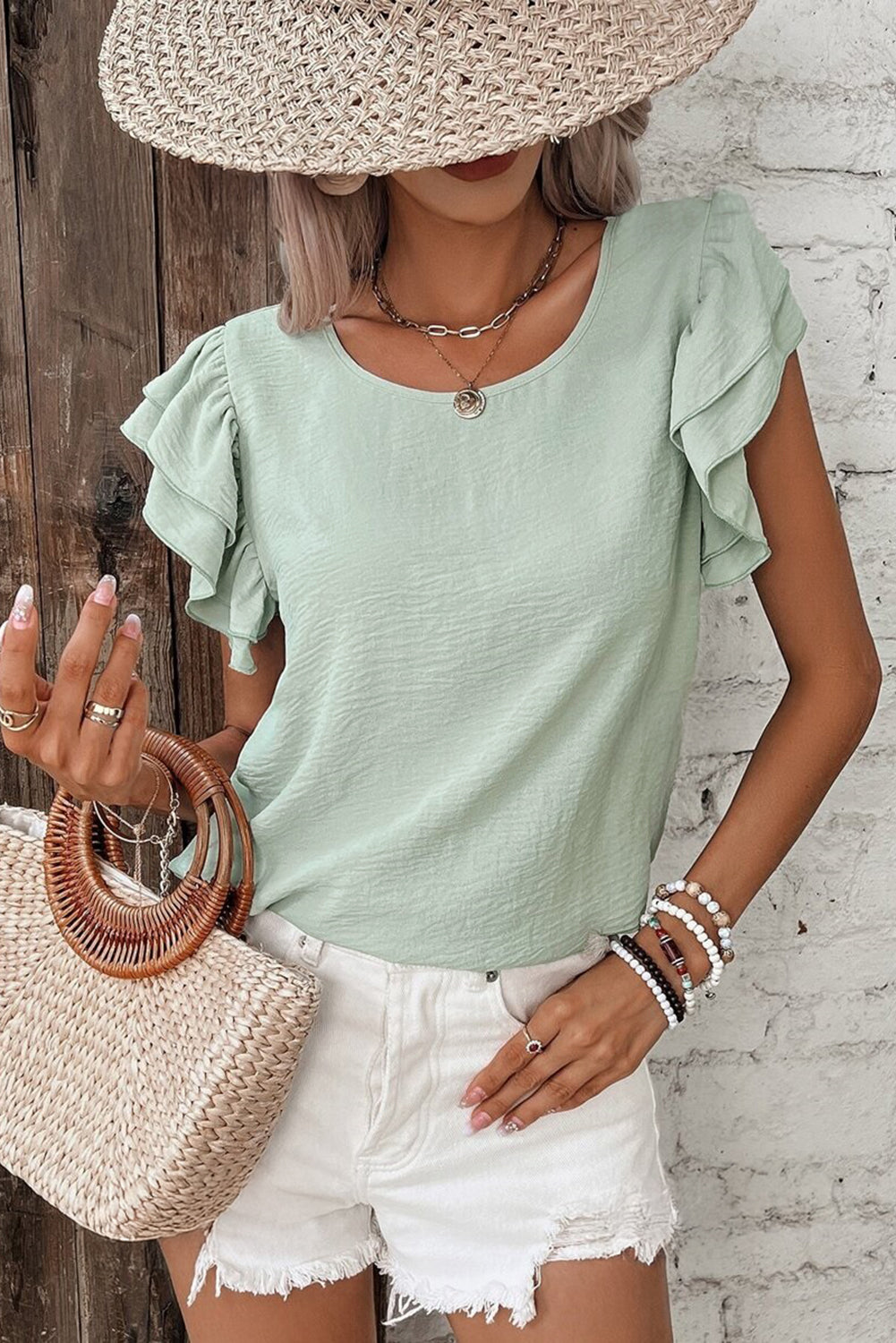 Clearly Aqua Solid Color Ruffle Sleeve Crinkled Blouse - The Fair Lady Shop
