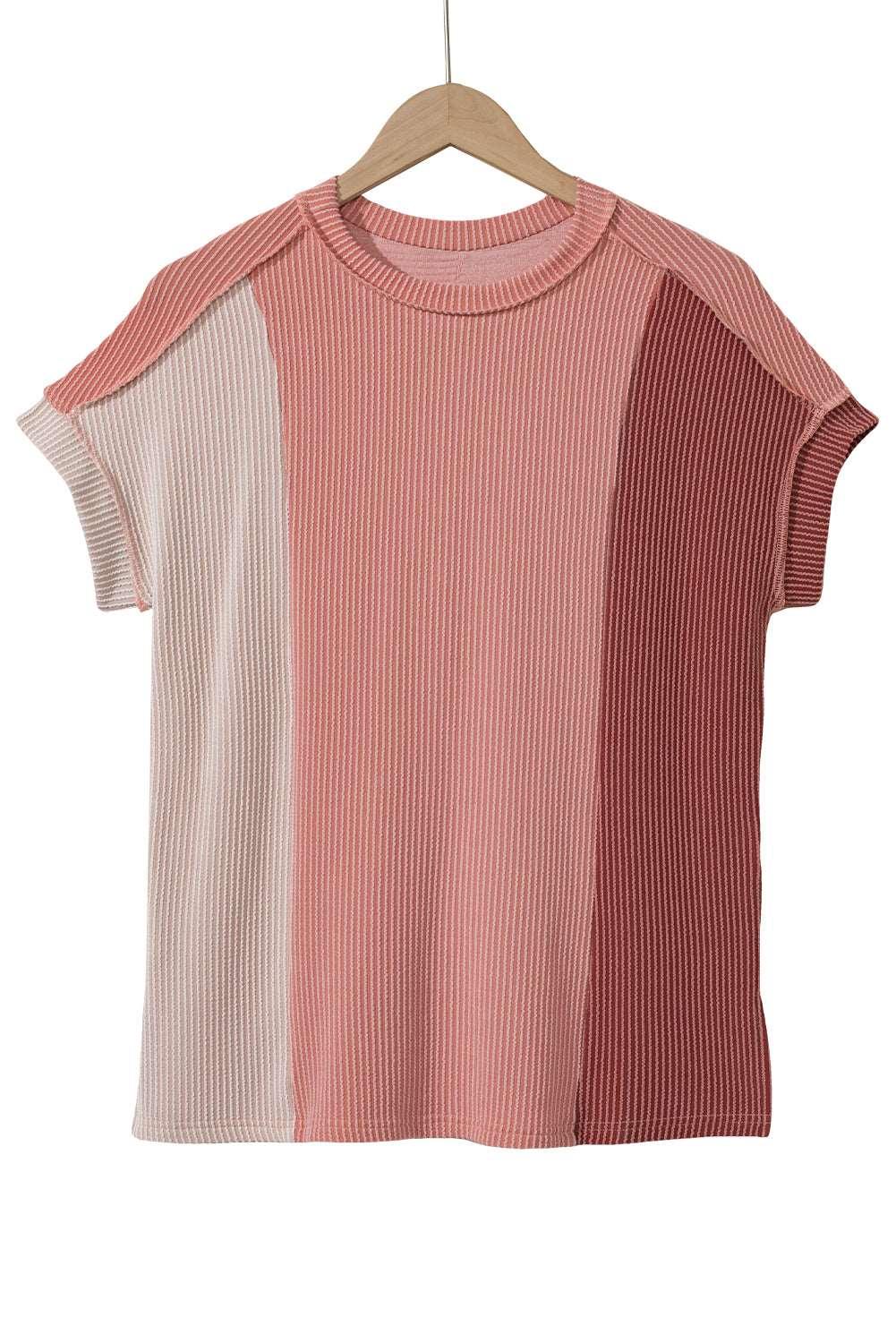 Apricot Pink Colorblock Ribbed Round Neck T Shirt - The Fair Lady Shop