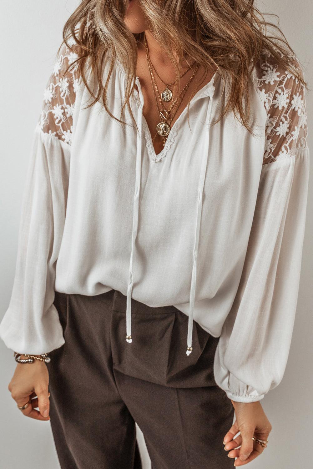 White Floral Lace Patchwork Lantern Sleeve V Neck Blouse - The Fair Lady Shop