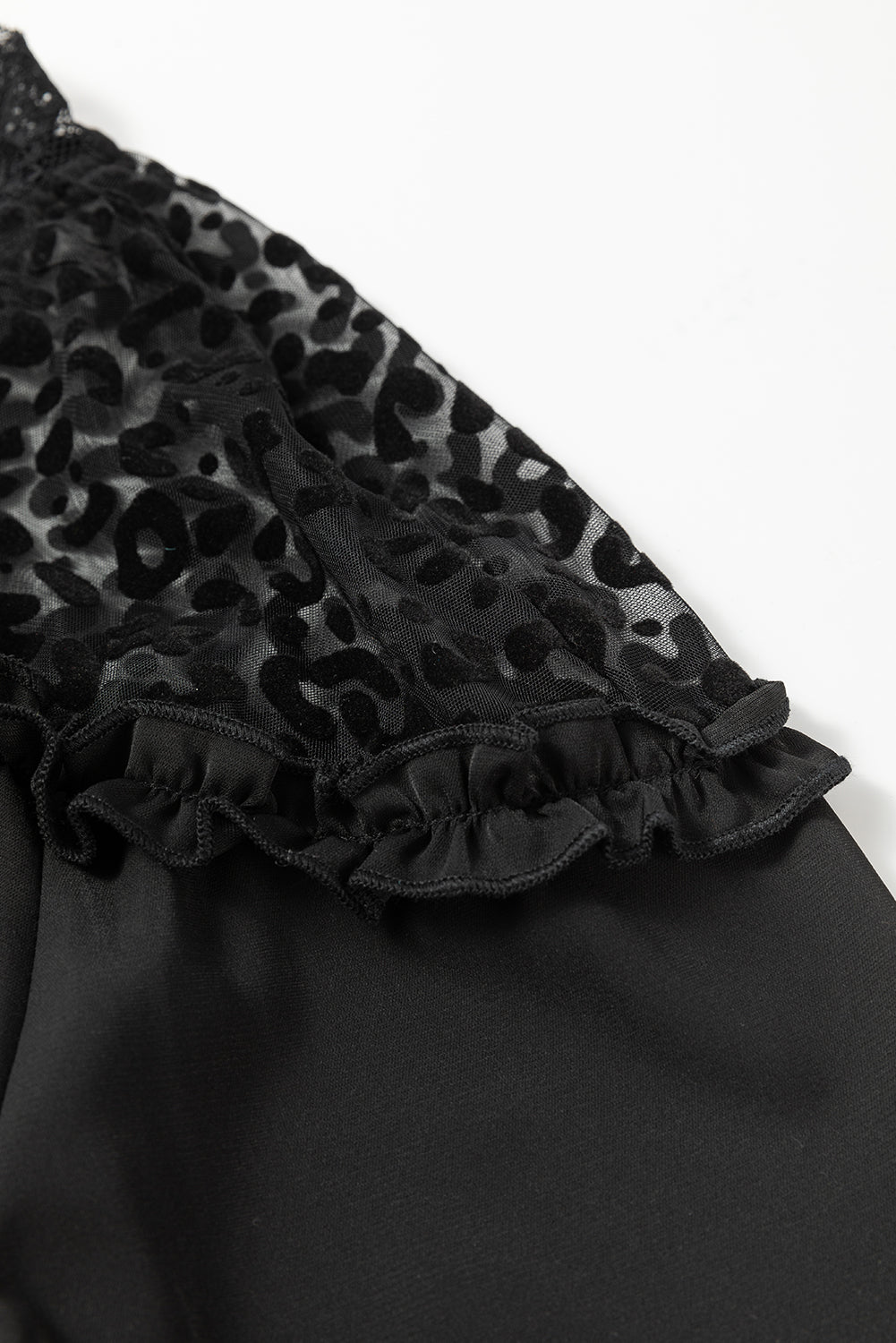 Black Leopard Sheer Splicing Lace Neck Ruffle Blouse - The Fair Lady Shop