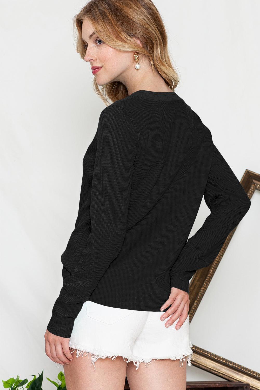 Brown Solid Color Waffle Knit Long Sleeve Henley Shirt - The Fair Lady Shop