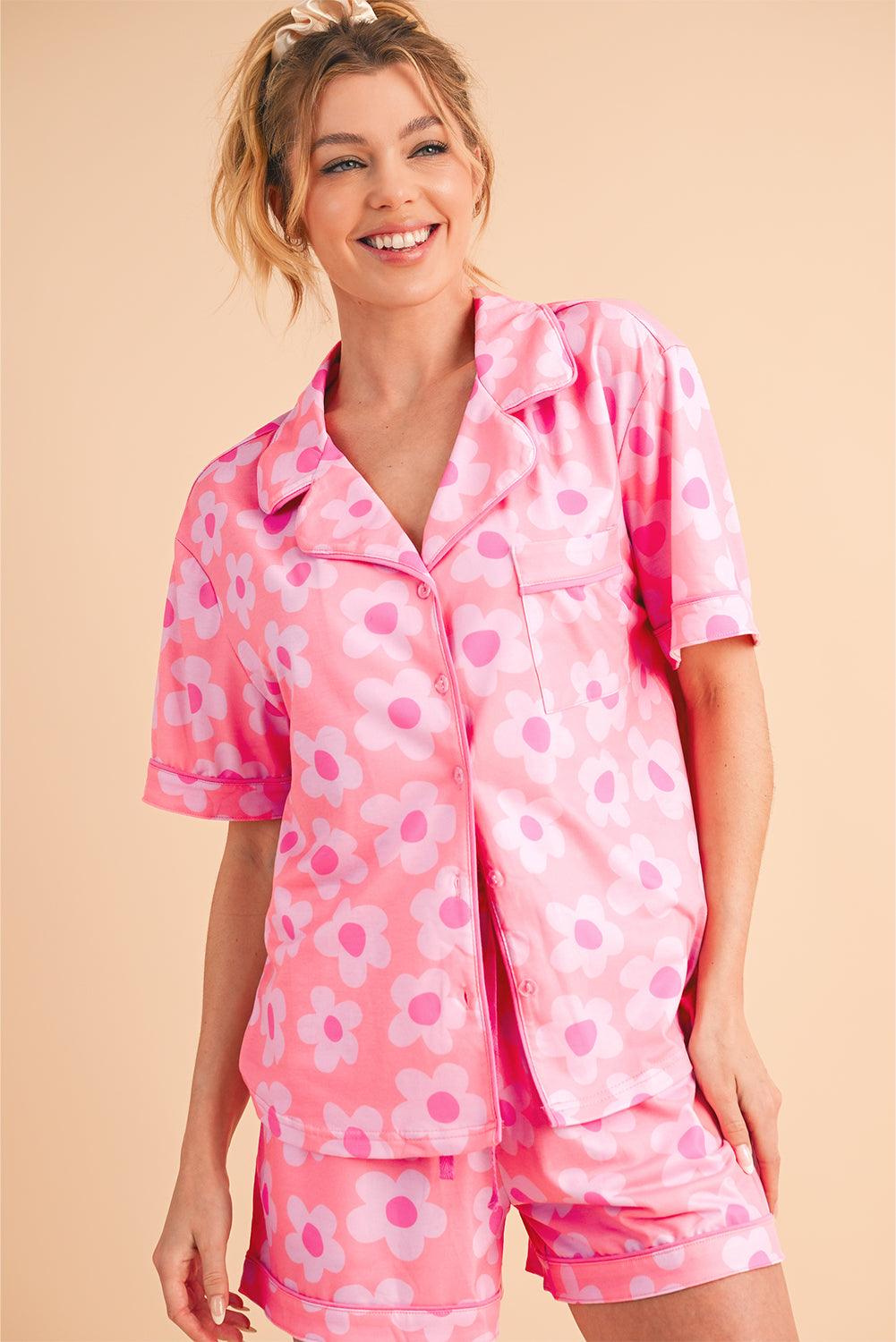 Green Flower Print Buttoned Shirt and Drawstring Waist Pajama Set - The Fair Lady Shop