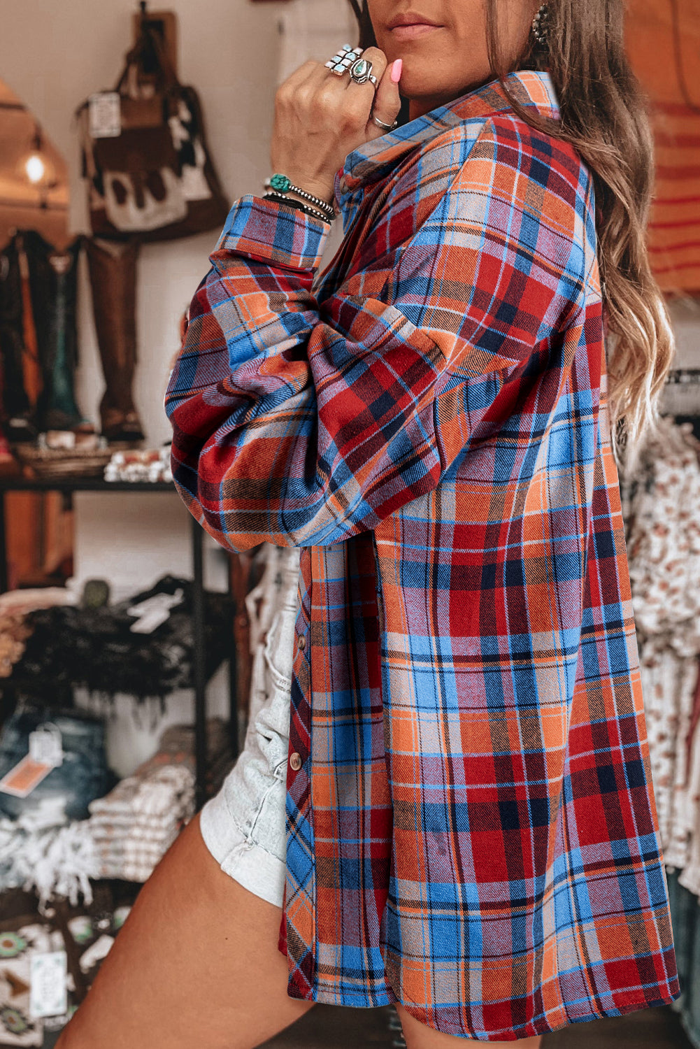 Red Plaid Print Drop Sleeve Loose Shirt - The Fair Lady Shop