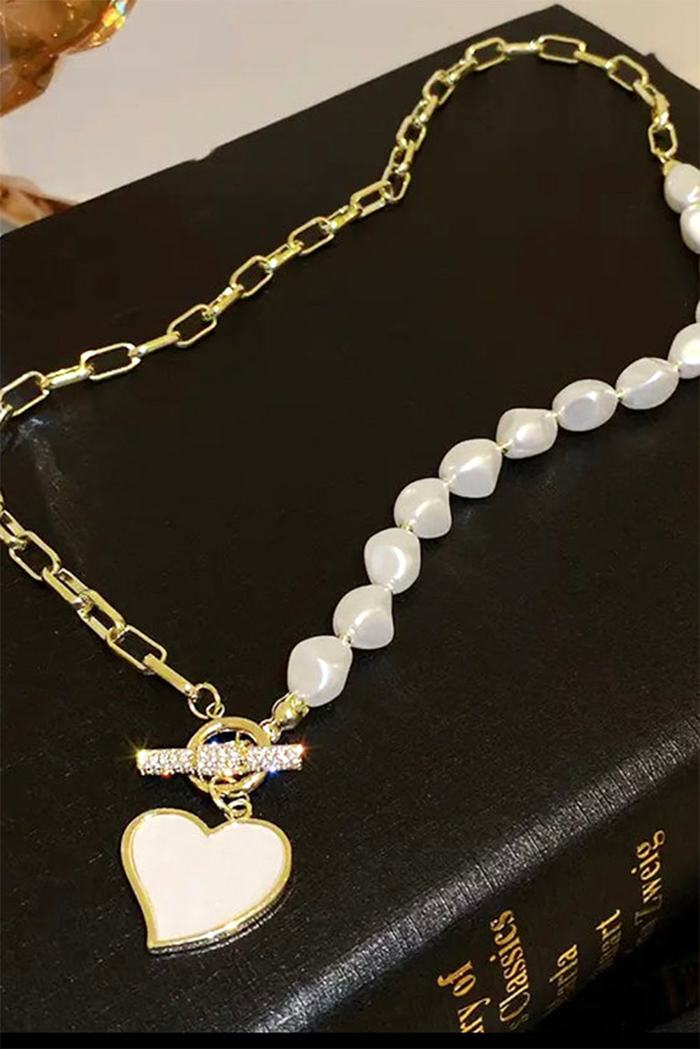 Gold Heart Shape Pendant Rhinestone Pearl Chain Necklace - The Fair Lady Shop
