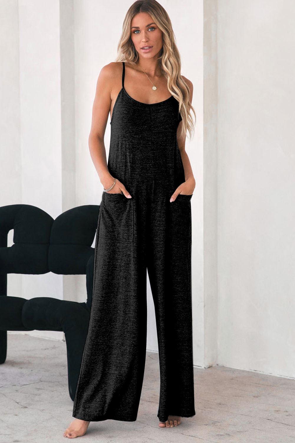 Black Loose Fit Side Pockets Spaghetti Strap Wide Leg Jumpsuit - The Fair Lady Shop