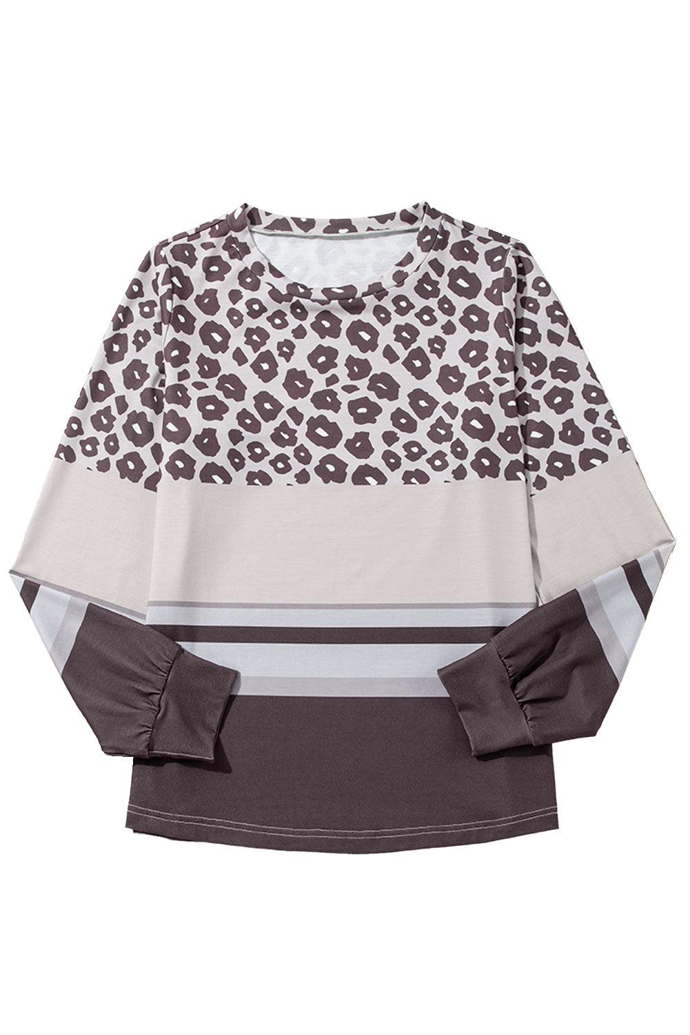 Khaki Leopard Striped Color Block Long Sleeve Top - The Fair Lady Shop