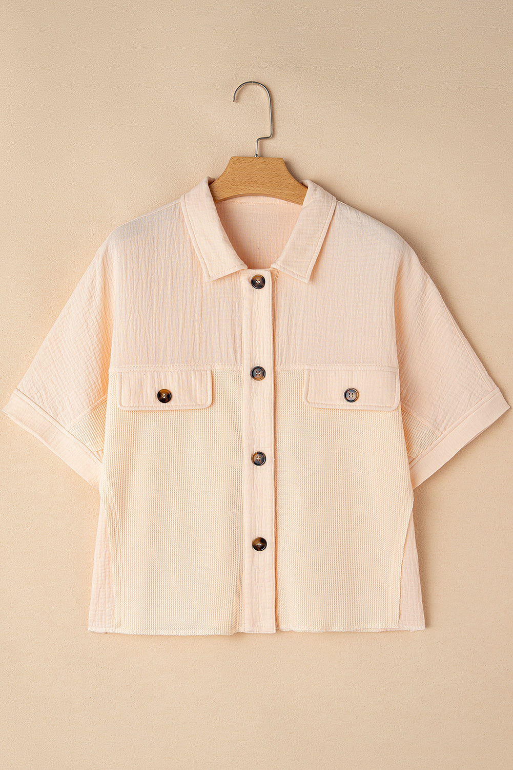 Beige Waffle Crinkle Patchwork Short Batwing Sleeve Shirt - The Fair Lady Shop