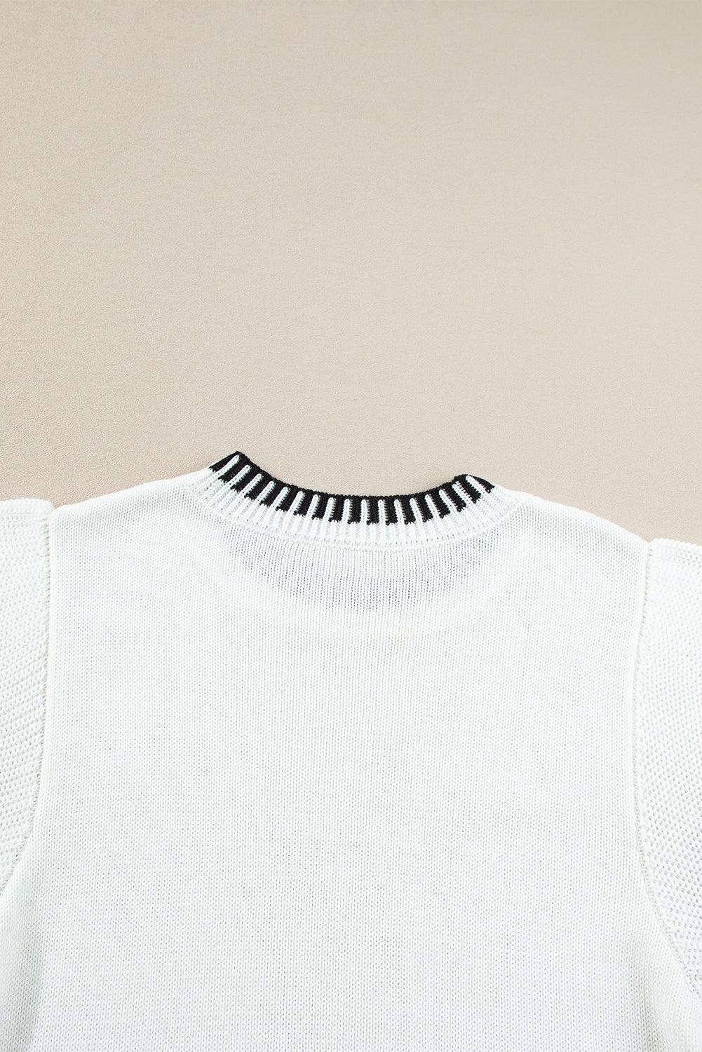 Beige Contrast Trim Round Neck Batwing Sleeve Knitted T Shirt - The Fair Lady Shop
