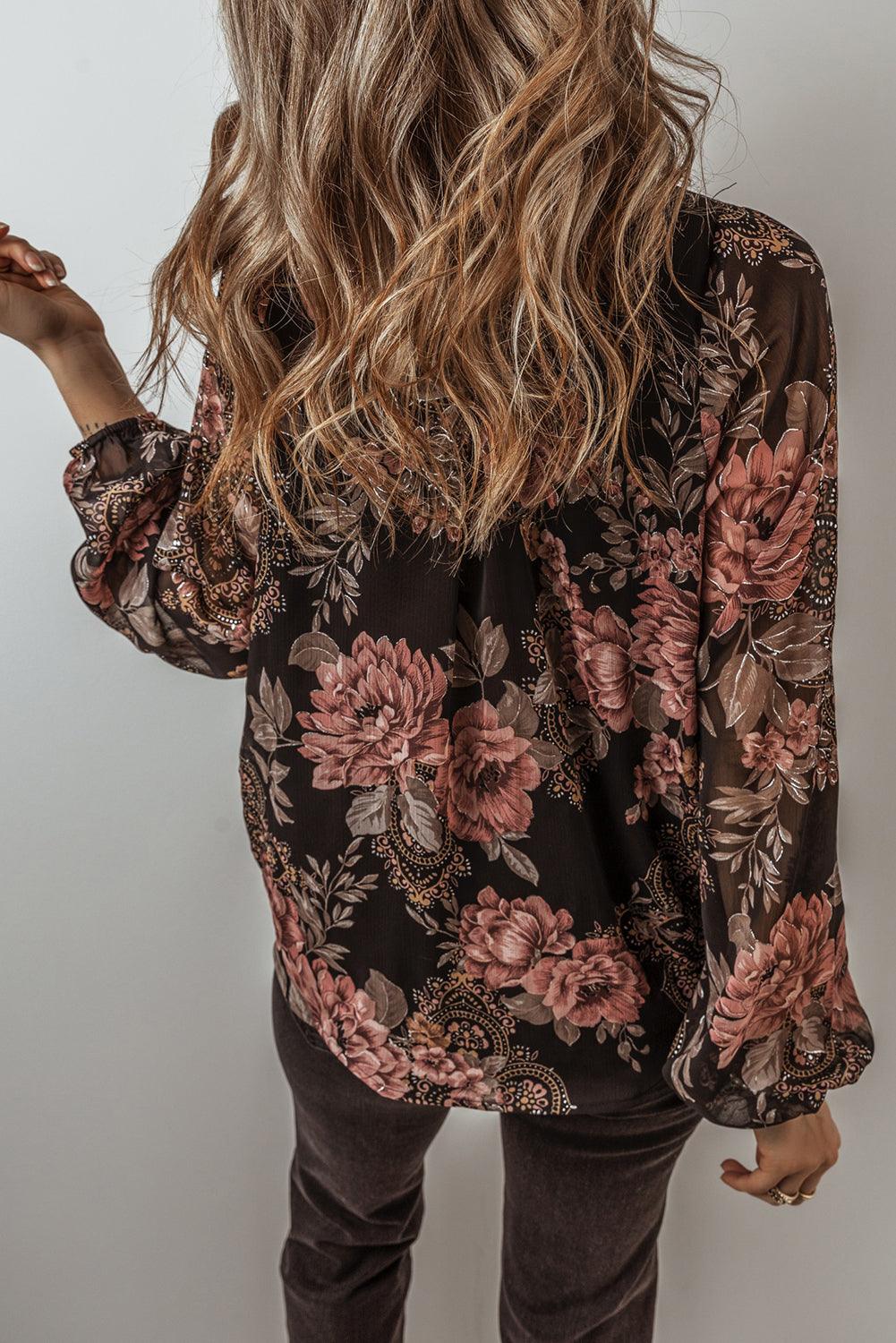 Black Floral Print Criss Cross V Neck Balloon Sleeve Blouse - The Fair Lady Shop