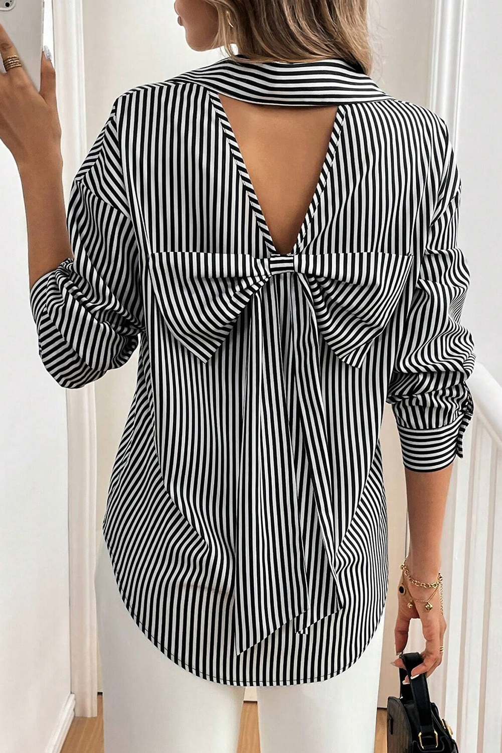 Black White Striped Button Down Bow Back Long Sleeve Shirt - The Fair Lady Shop