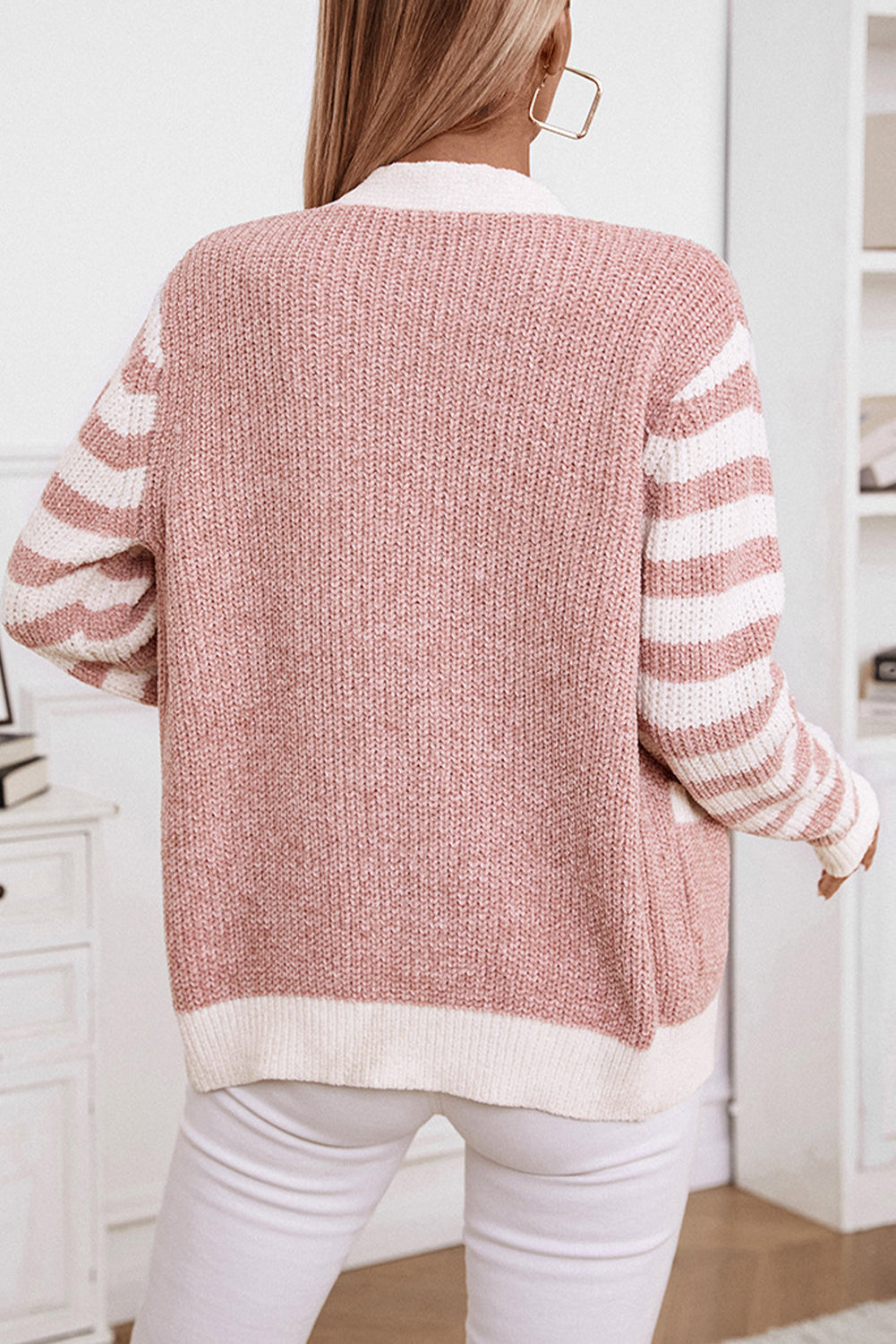 Gossamer Pink Striped V Neck Button Cardigan With Pocket - The Fair Lady Shop