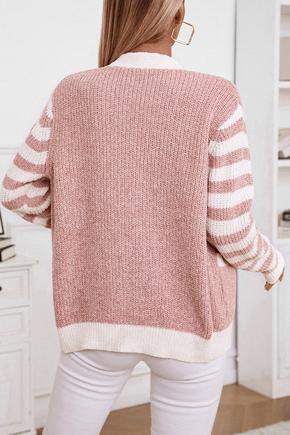 Gossamer Pink Striped V Neck Button Cardigan With Pocket - The Fair Lady Shop