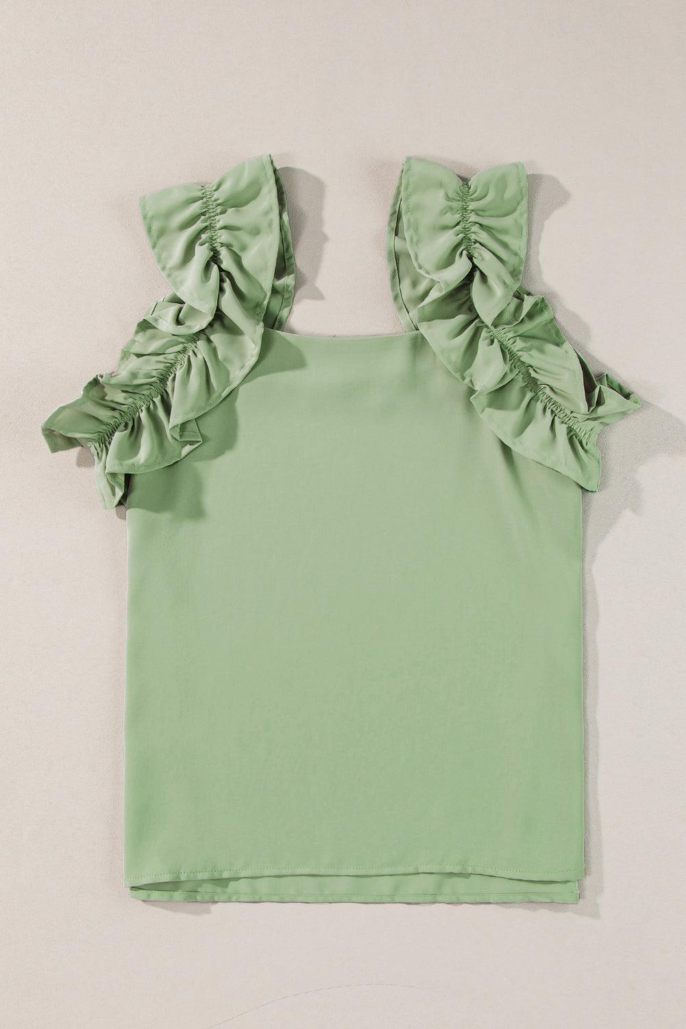 Oatmeal Solid Ruffle Trim Sleeveless Blouse - The Fair Lady Shop