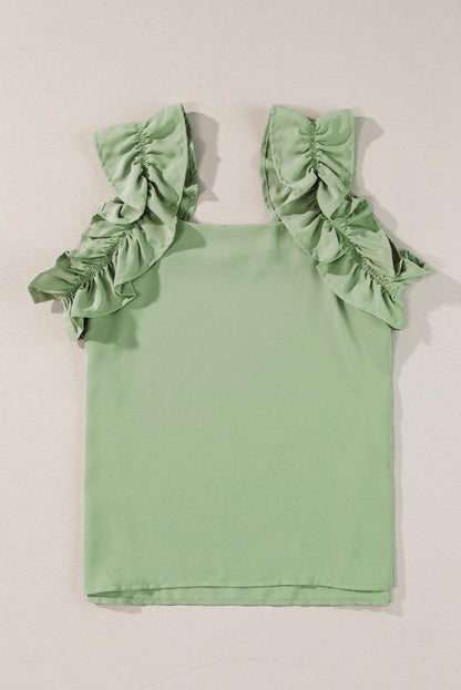 Oatmeal Solid Ruffle Trim Sleeveless Blouse - The Fair Lady Shop