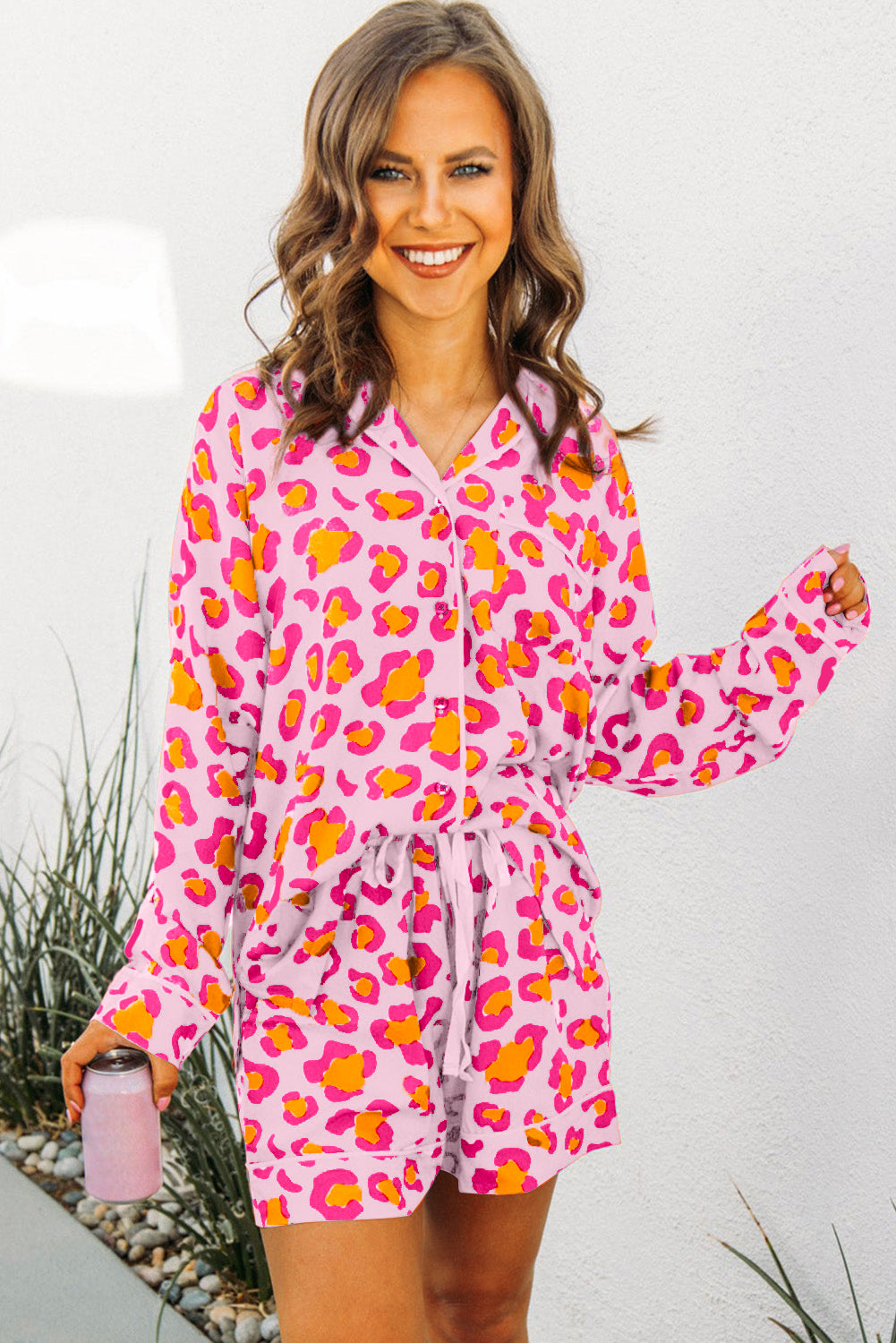 Pink Leopard Print Long Sleeve Shirt and Shorts Pajama Set - The Fair Lady Shop