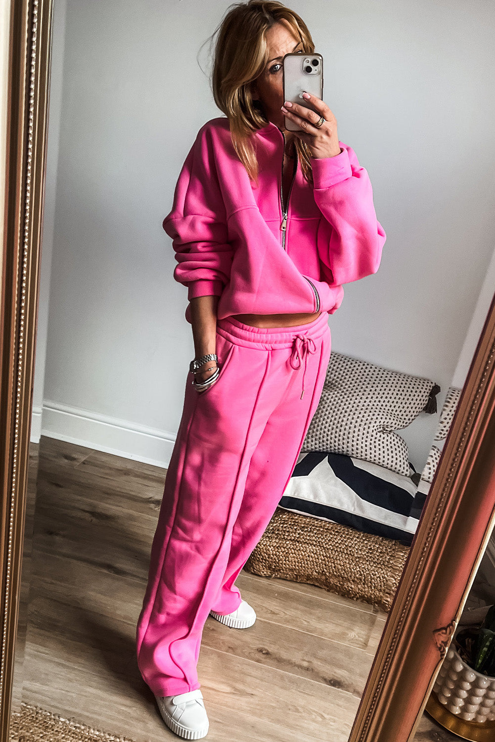 Bright Pink Seamed Zipper Jacket and Drawstring Waist Pants Set - The Fair Lady Shop