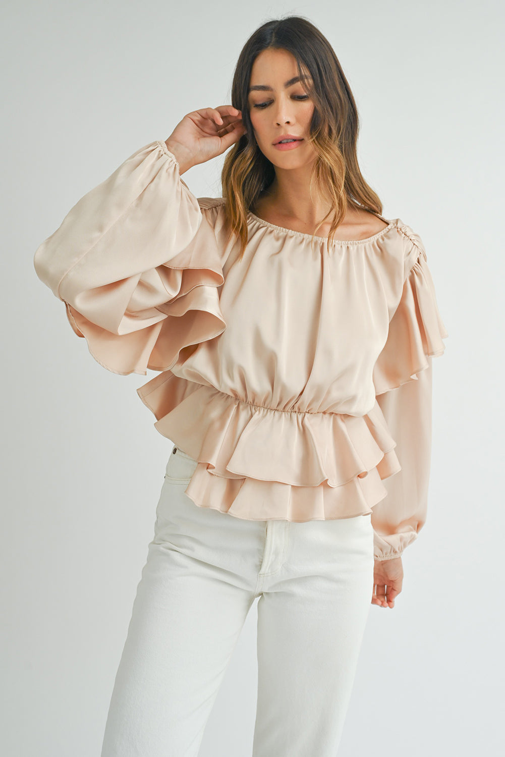 Oatmeal Elegant Satin Ruffle Long Sleeve Blouse - The Fair Lady Shop