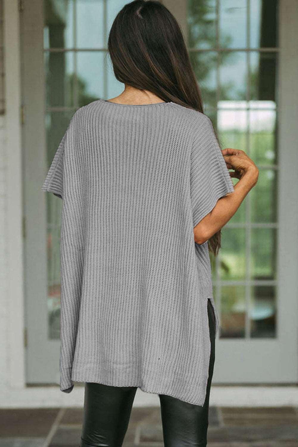 Apricot Side Slit Short Sleeve Oversized Sweater - The Fair Lady Shop