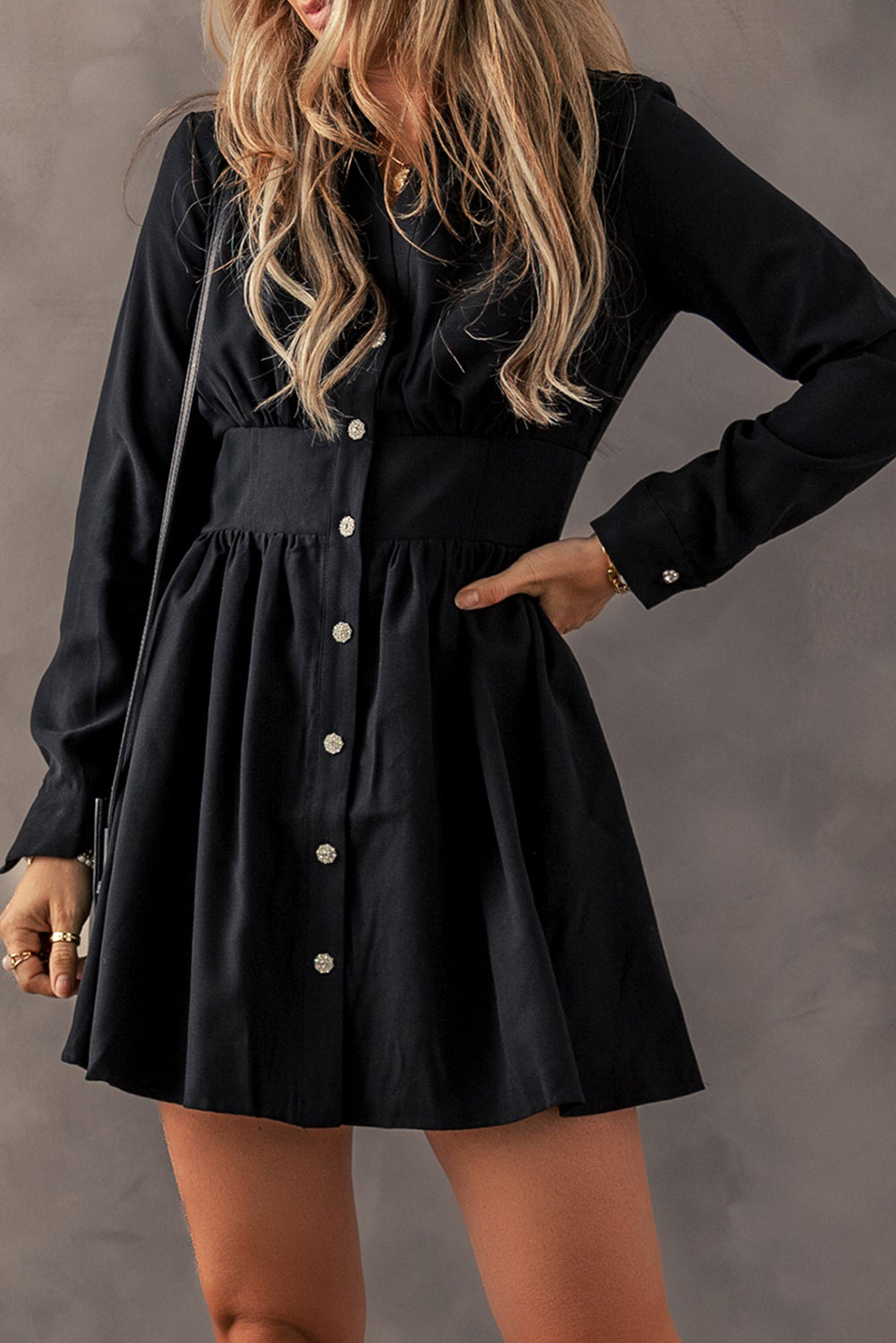 Black Buttoned High Waist Long Sleeve Mini Dress - The Fair Lady Shop