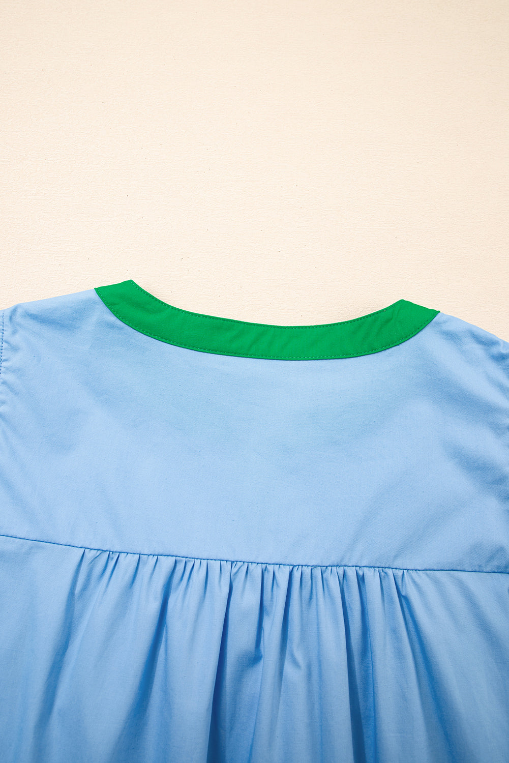 Mist Blue Ruffle Trim V-Neck Puff Sleeve Blouse - The Fair Lady Shop