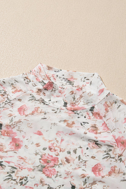 Pink Floral Print Mesh Mock Neck Slim Blouse - The Fair Lady Shop