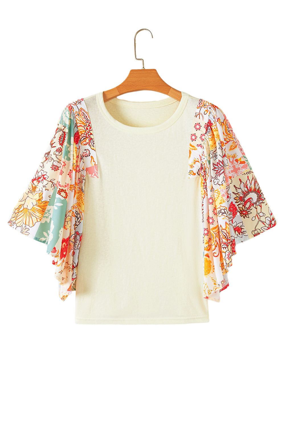 Beige Floral Patchwork Batwing Sleeve Blouse - The Fair Lady Shop