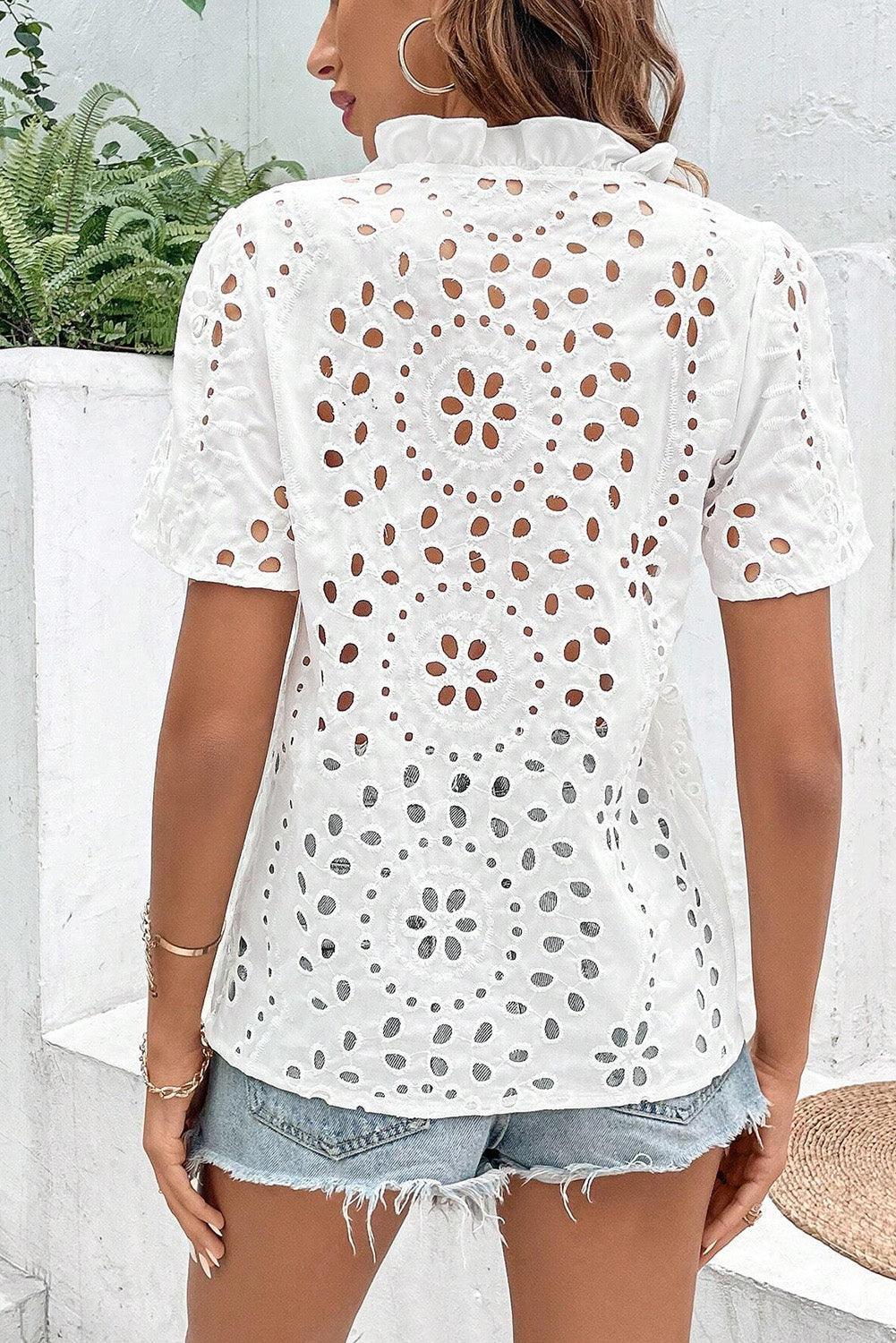 White Boho Geometric Pattern V Neck Cut-out Blouse - The Fair Lady Shop