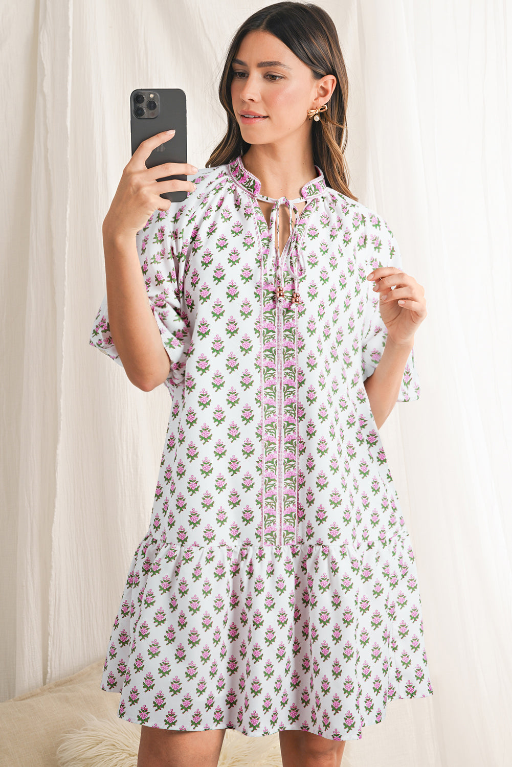 Pink Floral Print Drawstring V Neck Bishop Sleeve Boho Dress - The Fair Lady Shop