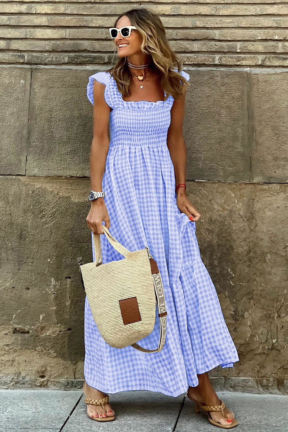 Sky Blue Plaid Square Neck Sleeveless Maxi Dress - The Fair Lady Shop