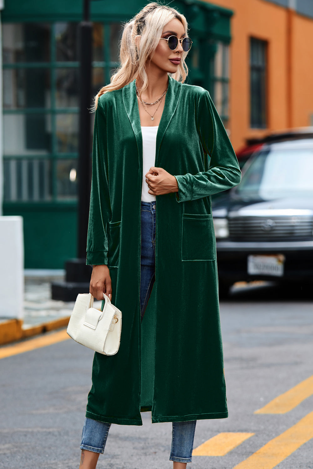 Green Velvet Elegant Pocket Open Front Long Cardigan - The Fair Lady Shop