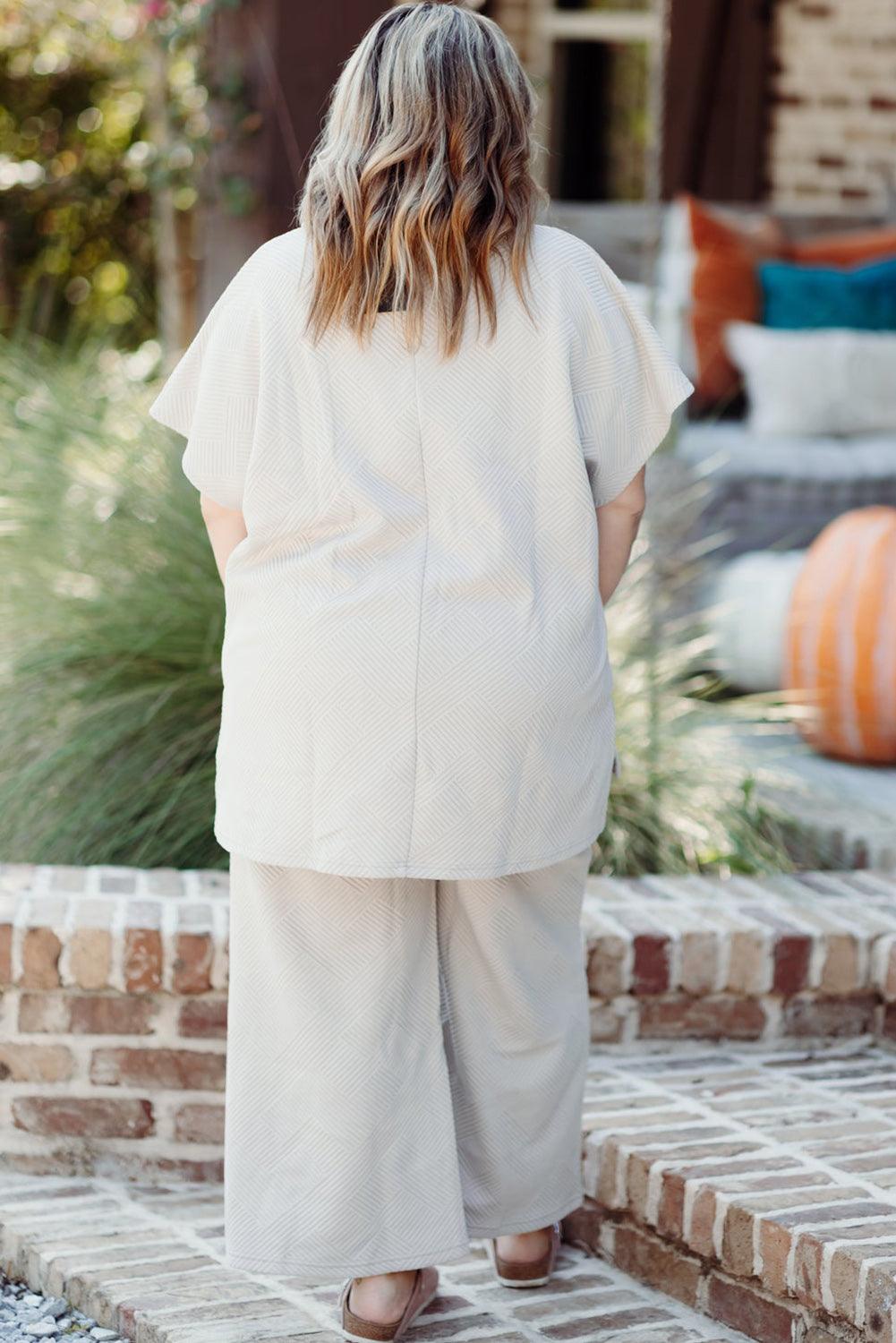 Beige Plus Size Textured Collared Top and Drawstring Pants Set - The Fair Lady Shop