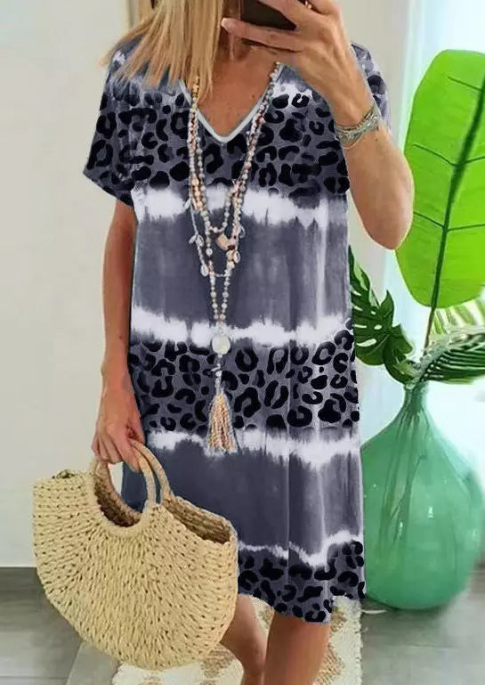 Grey Tie Dye Leopard Color Block V Neck T Shirt Dress - The Fair Lady Shop
