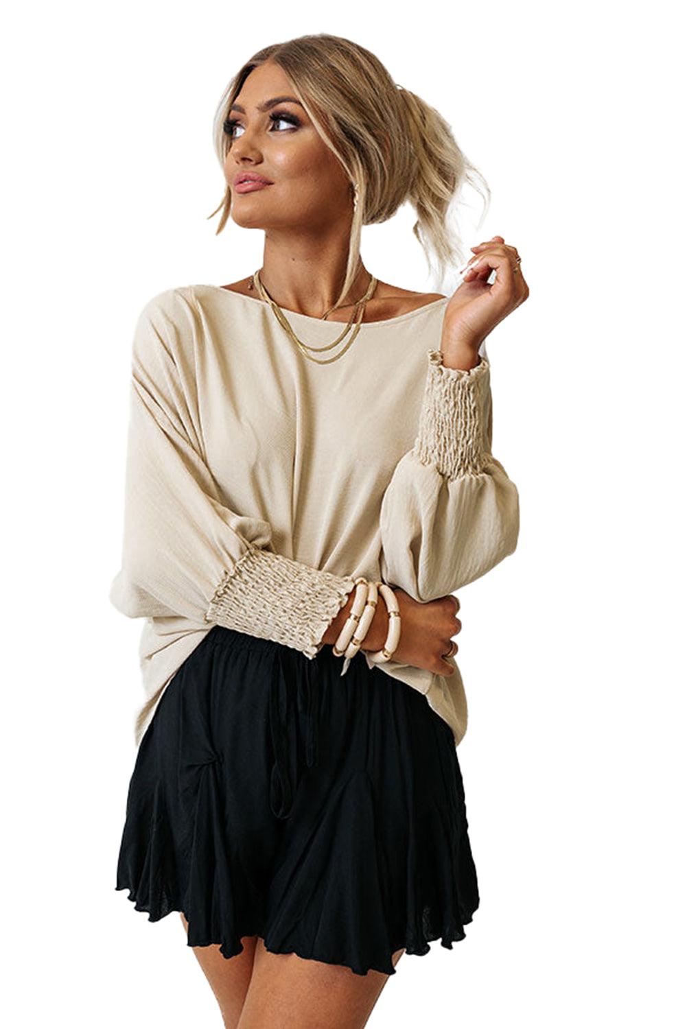 White Plain & Casual Shirred Cuffs Half Sleeve Top - The Fair Lady Shop