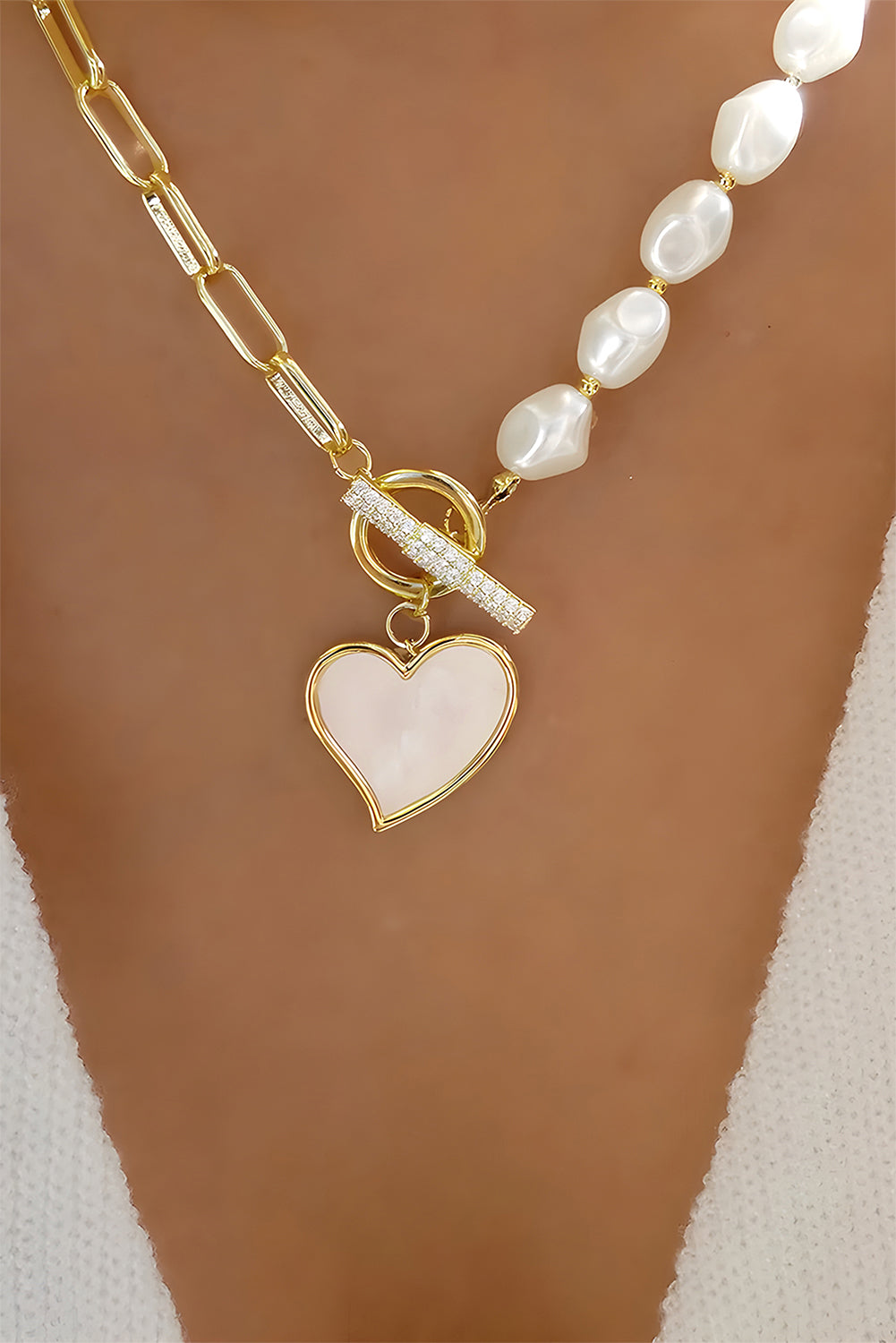 Gold Heart Shape Pendant Rhinestone Pearl Chain Necklace - The Fair Lady Shop