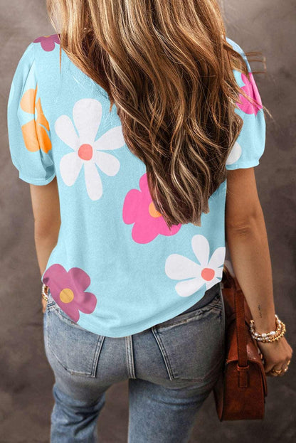 Apricot Colorful Flower Print Bubble Sleeve Tee - The Fair Lady Shop