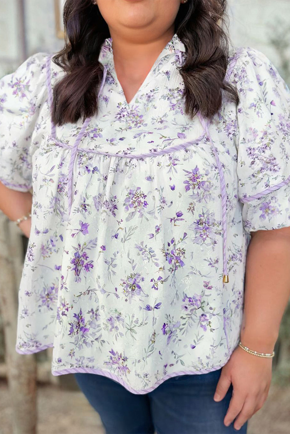Purple Floral Print Split Neck Plus Size Top - The Fair Lady Shop